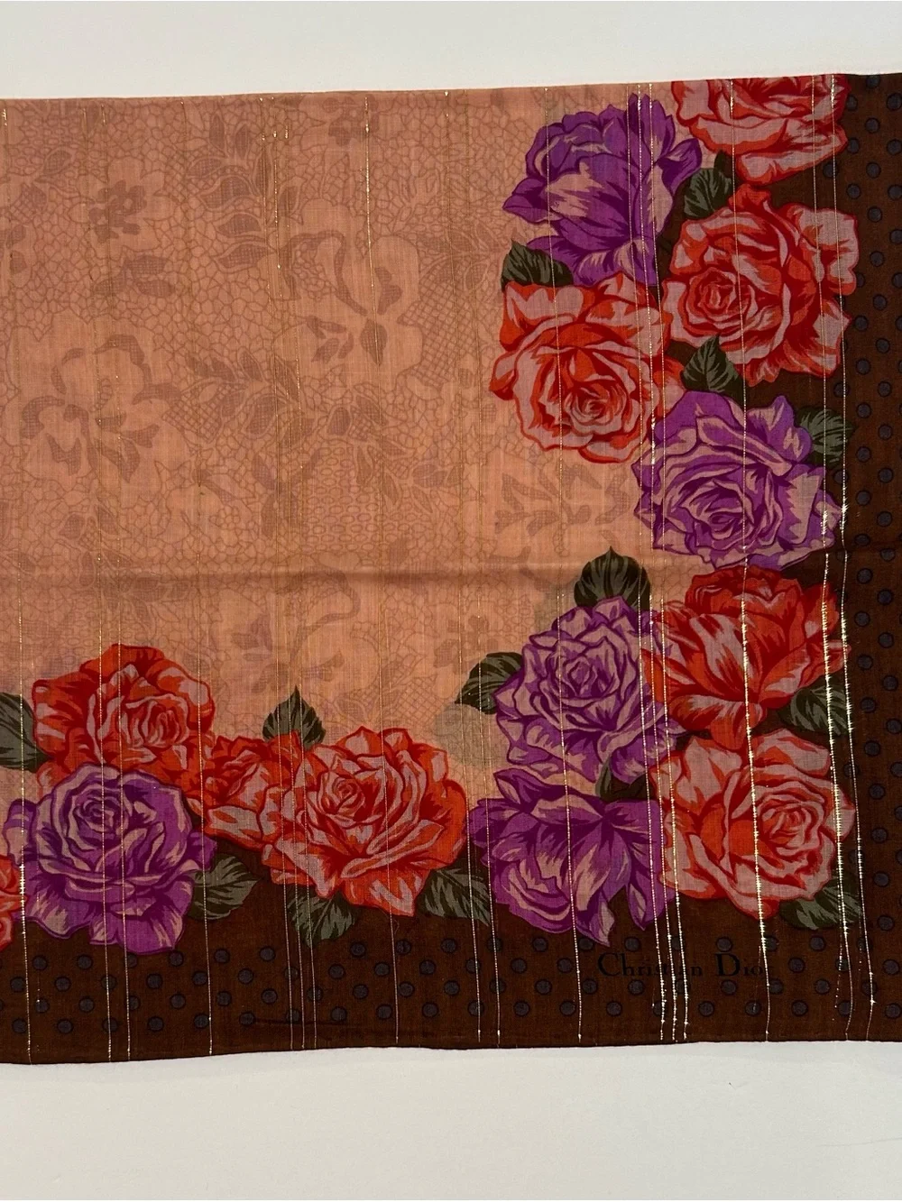 Women Handkerchief Christian Dior Brown Floral Rose Bandana Scarf Cotton 21“